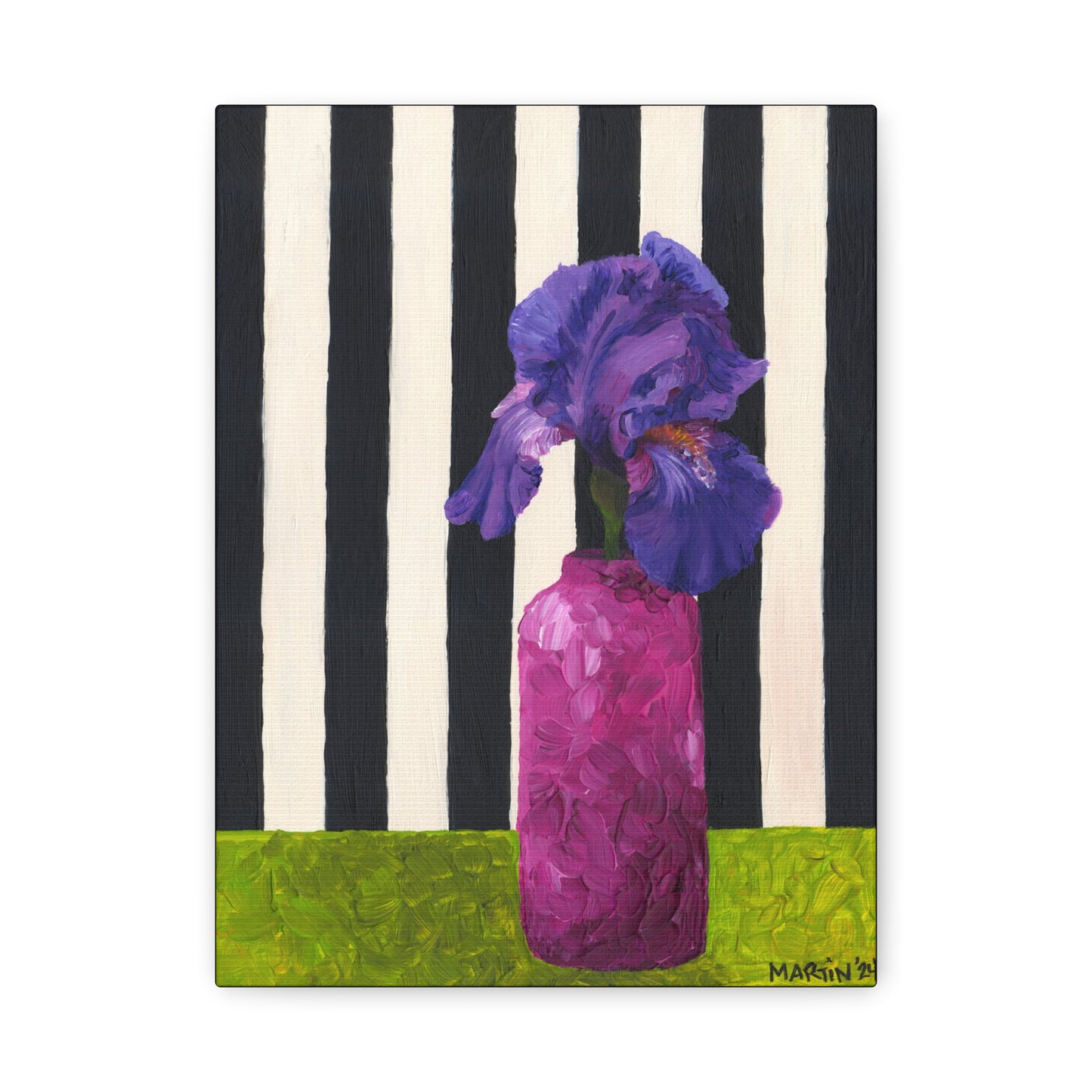 Purple Iris with Black and White Striped Background Canvas Gallery Wrap