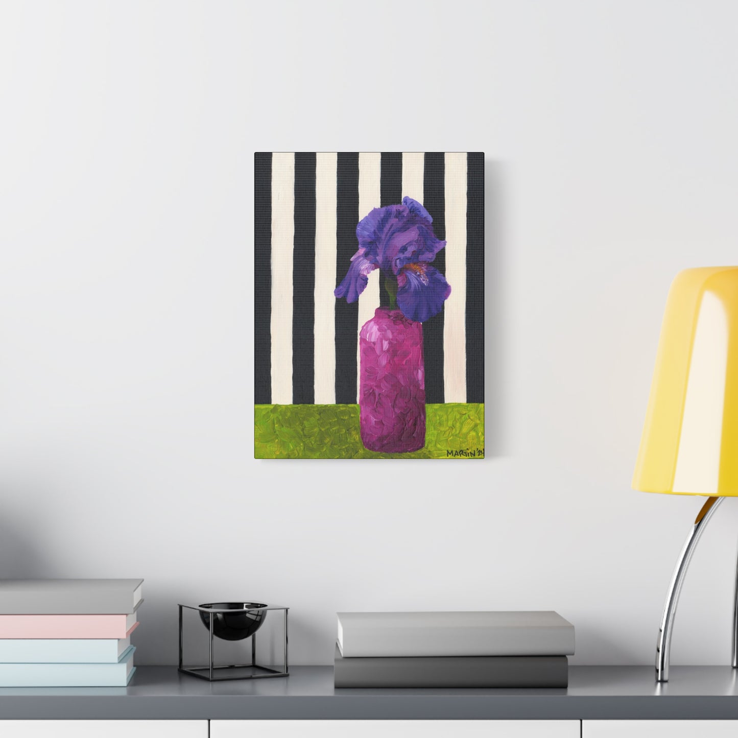Purple Iris with Black and White Striped Background Canvas Gallery Wrap