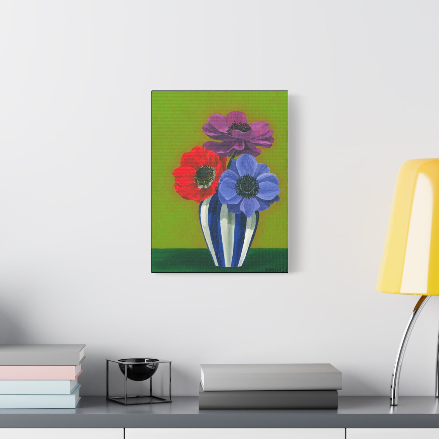 Three Anemones in Blue and White Striped Vase Canvas Gallery Wrap