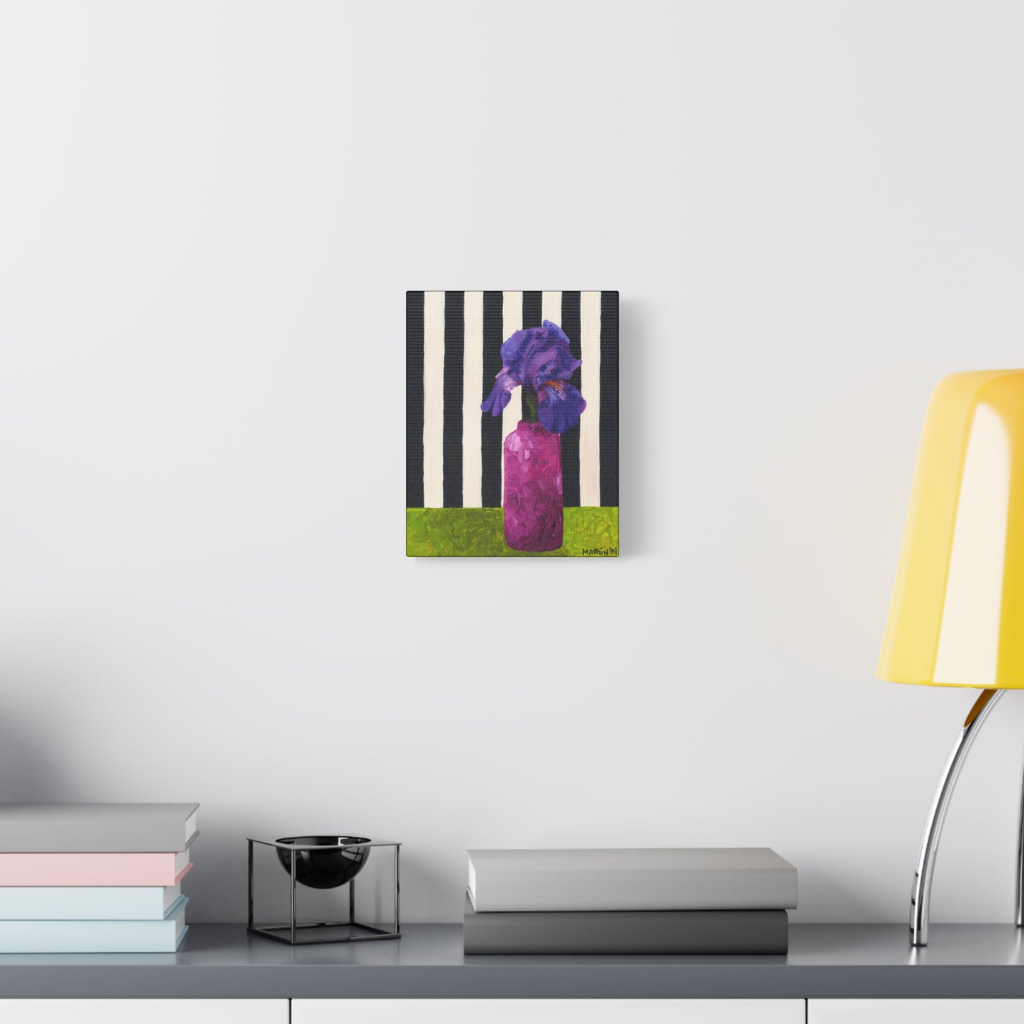 Purple Iris with Black and White Striped Background Canvas Gallery Wrap