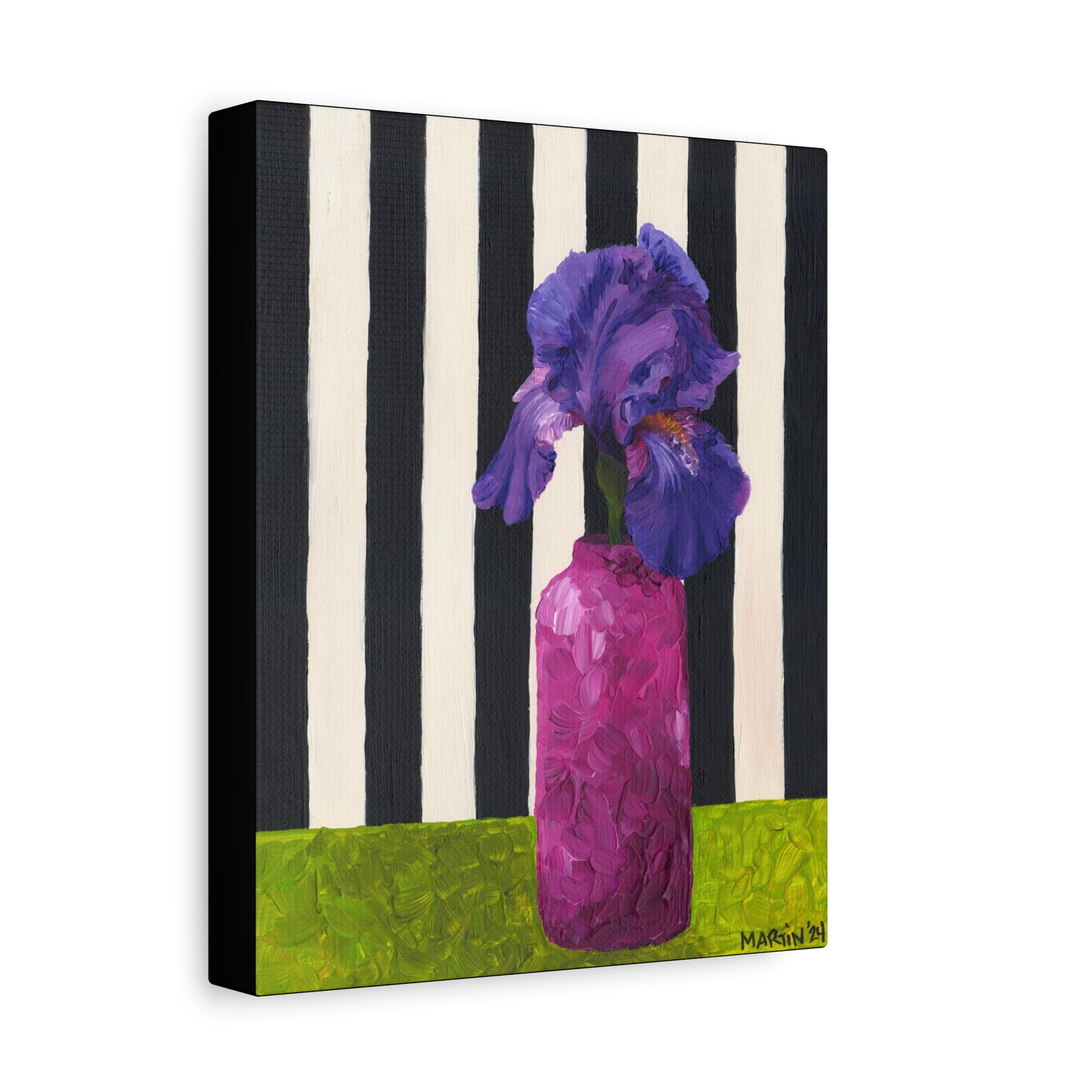Purple Iris with Black and White Striped Background Canvas Gallery Wrap