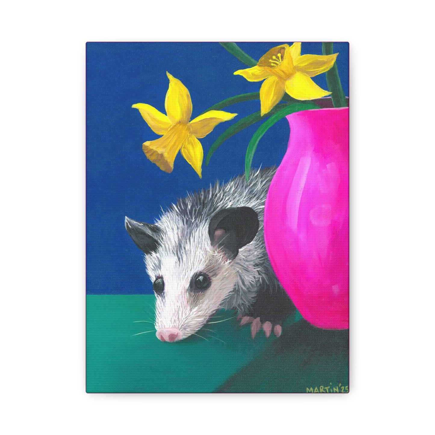 Opossum with Daffodils Matte Canvas, Stretched, 1.25"