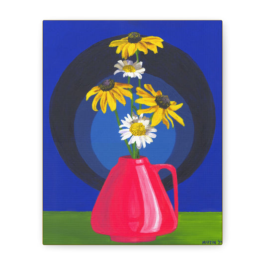 Black Eyed Susans and Wild Daisies in Pink Vase Canvas Gallery Wrap