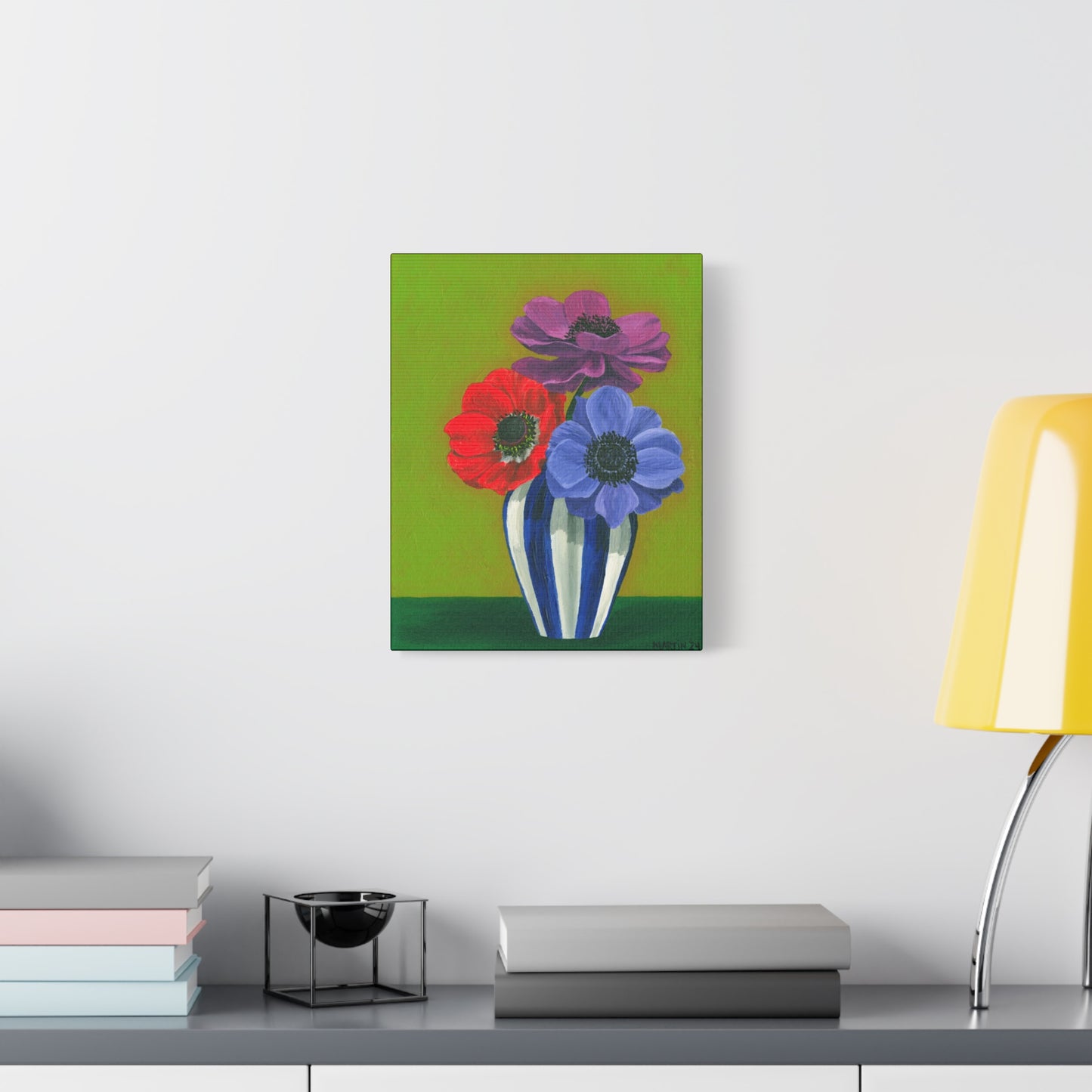 Three Anemones in Blue and White Striped Vase Canvas Gallery Wrap