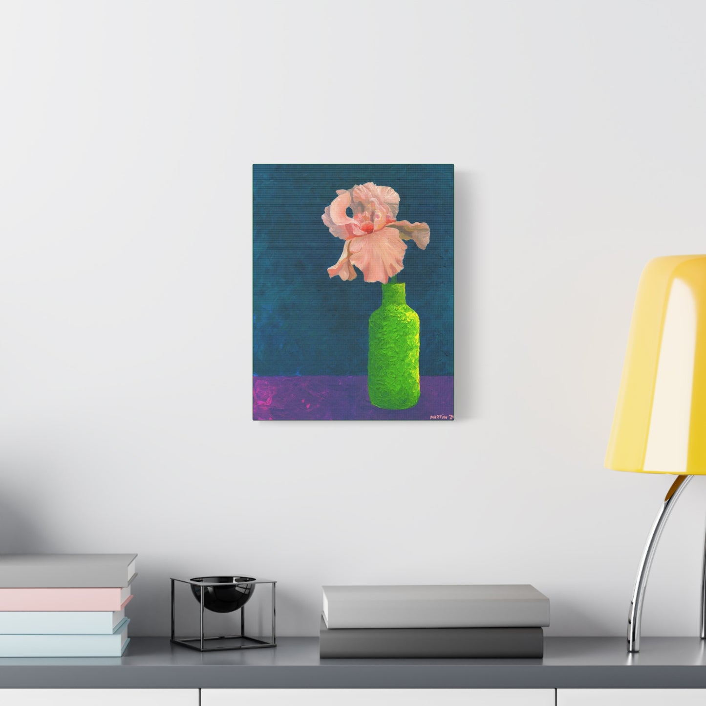 Peach Iris in Green Vase Canvas Gallery Wrap