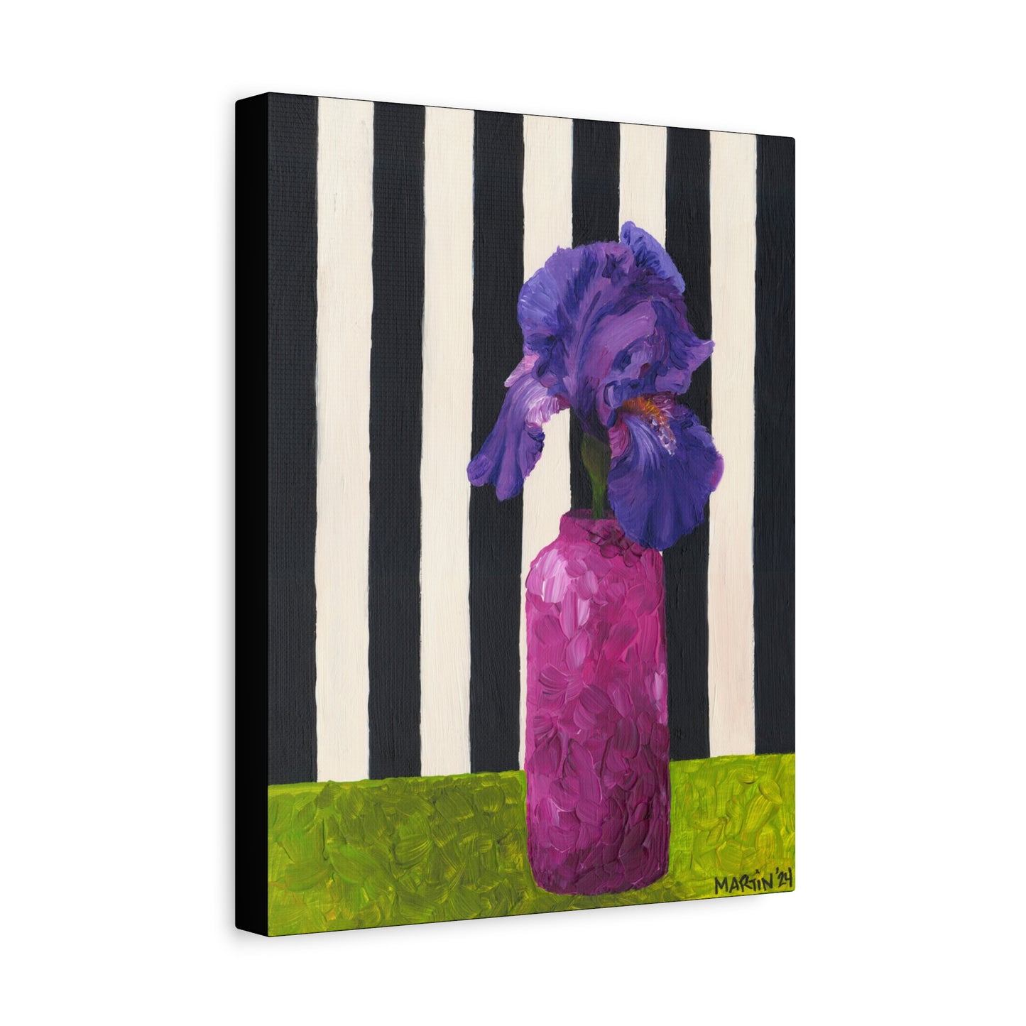 Purple Iris with Black and White Striped Background Canvas Gallery Wrap