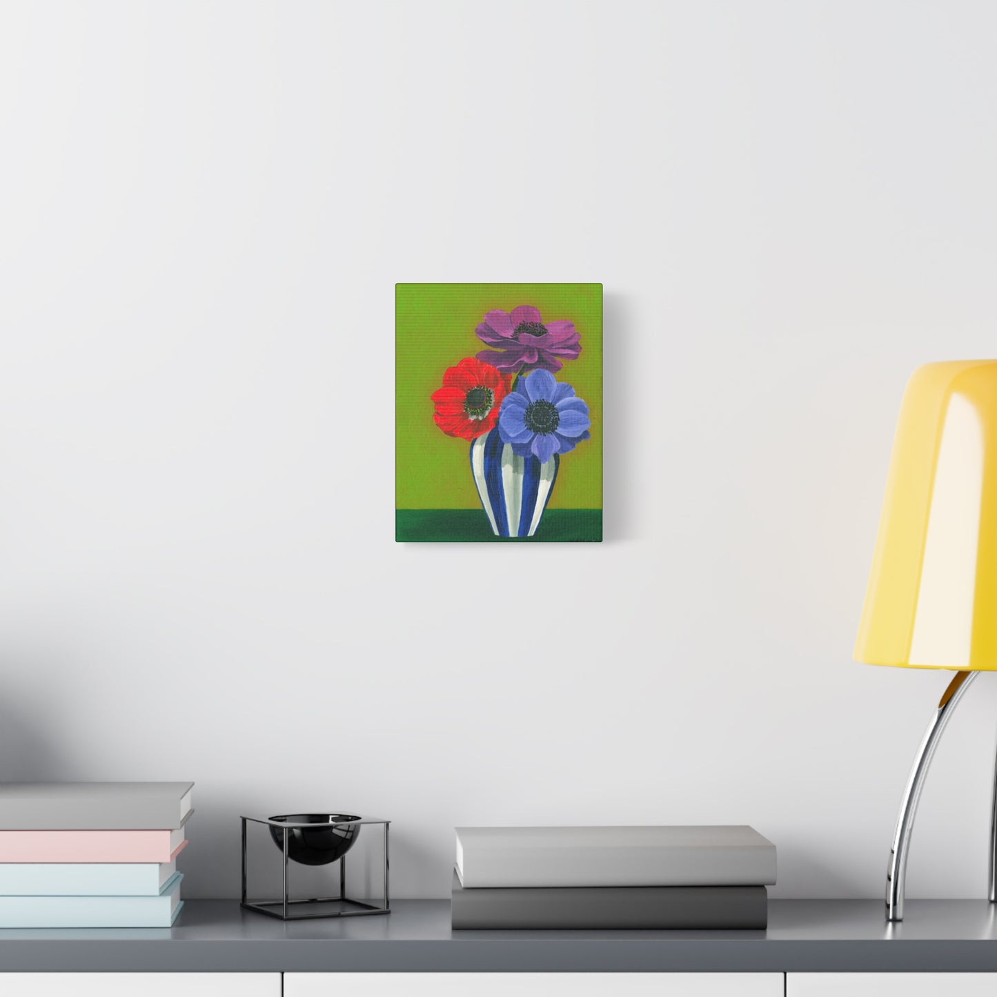 Three Anemones in Blue and White Striped Vase Canvas Gallery Wrap