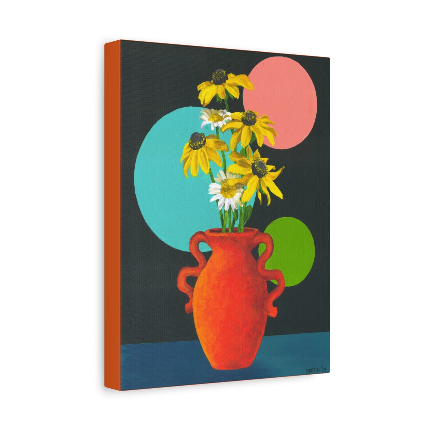 Black Eyed Susans and Wild Daisies in Orange Vase Canvas Gallery Wrap