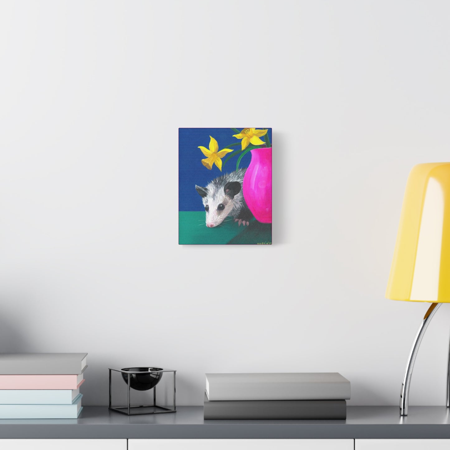 Opossum with Daffodils Matte Canvas, Stretched, 1.25"