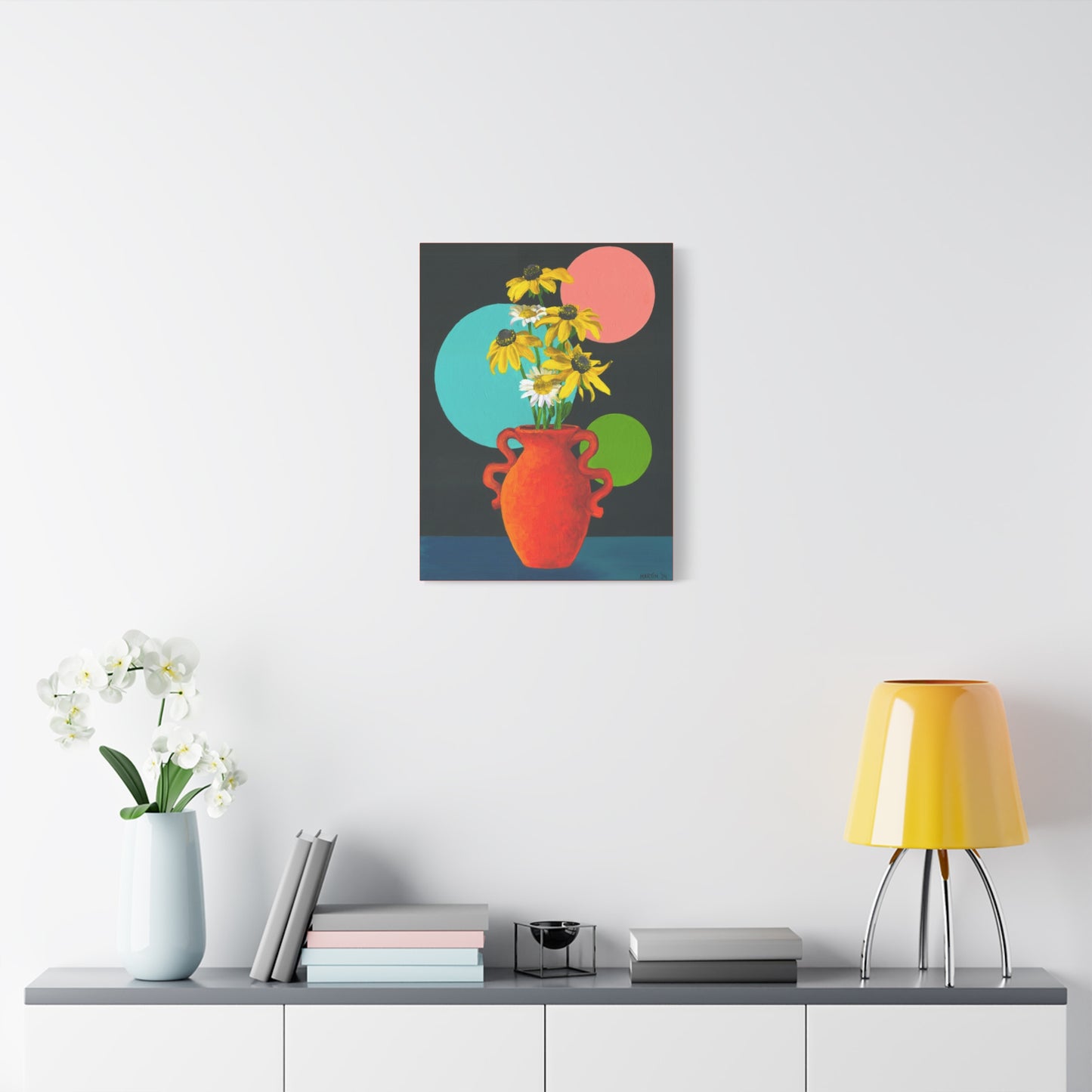 Black Eyed Susans and Wild Daisies in Orange Vase Canvas Gallery Wrap
