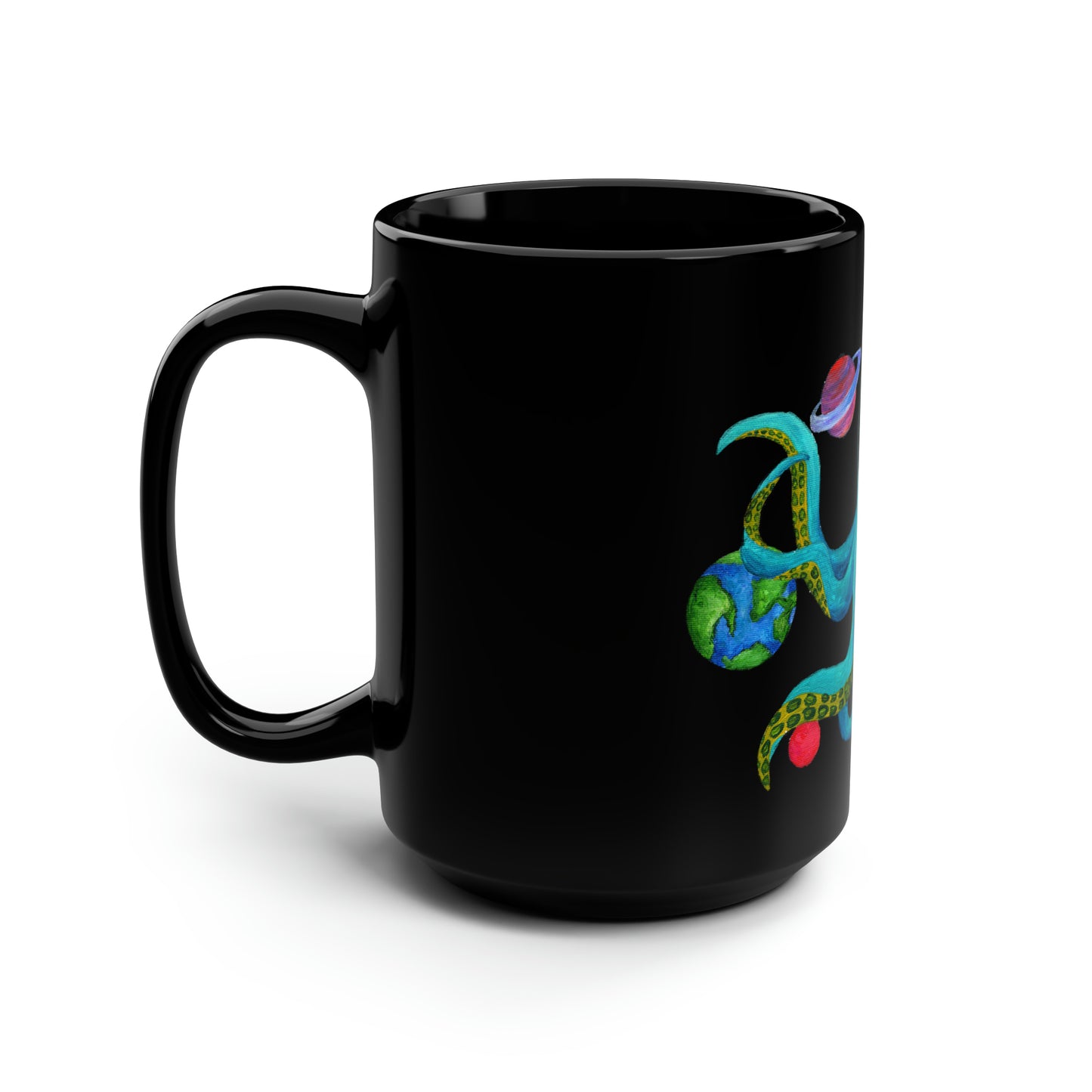 Octopus in Space Black Mug, 15oz