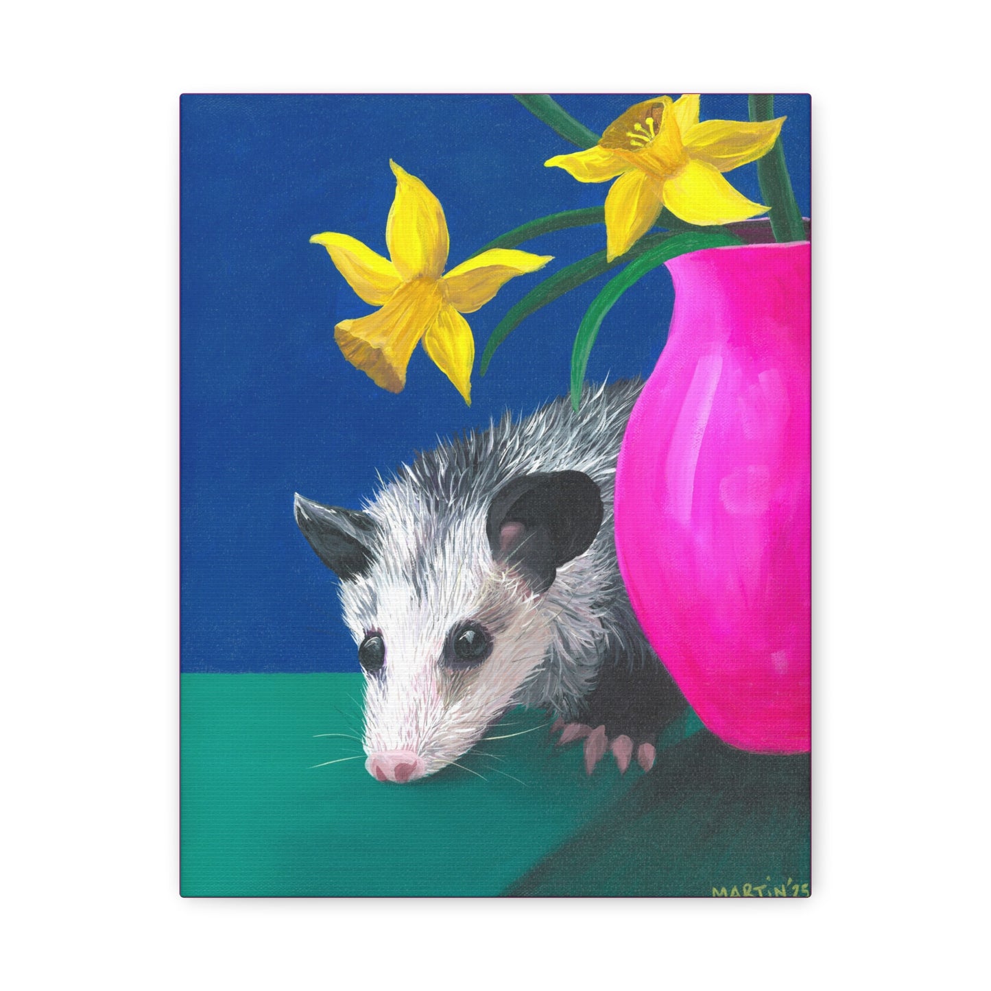 Opossum with Daffodils Matte Canvas, Stretched, 1.25"