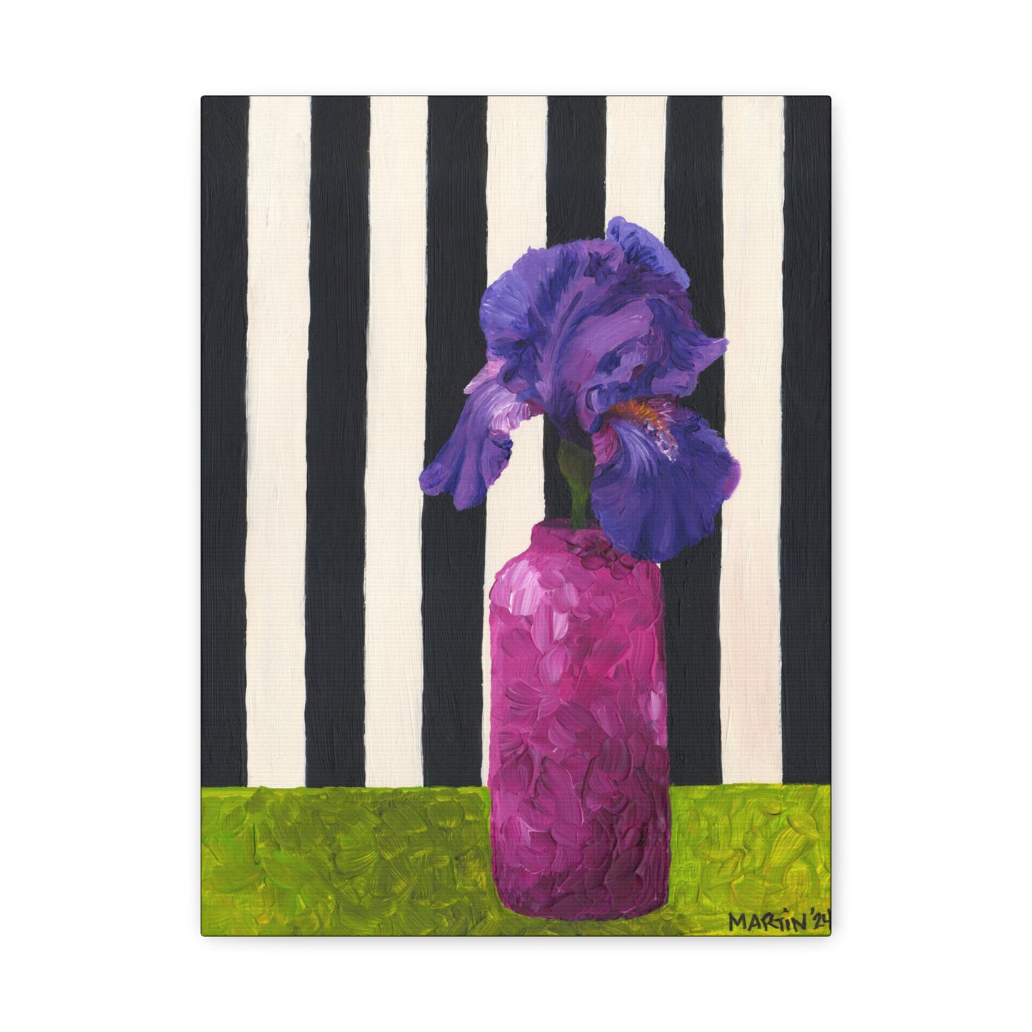 Purple Iris with Black and White Striped Background Canvas Gallery Wrap