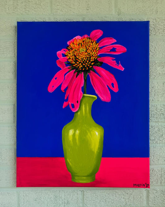 Beat-Up Coneflower in Green Vase on Blue Background - Original Acrylic Painting on 16x20" Canvas - FREE SHIPPING IN THE US
