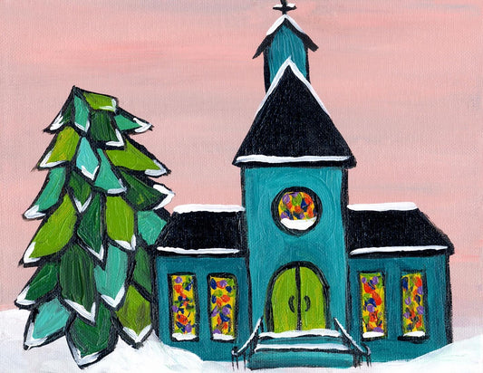 Teal Church with Tree 8x10 print