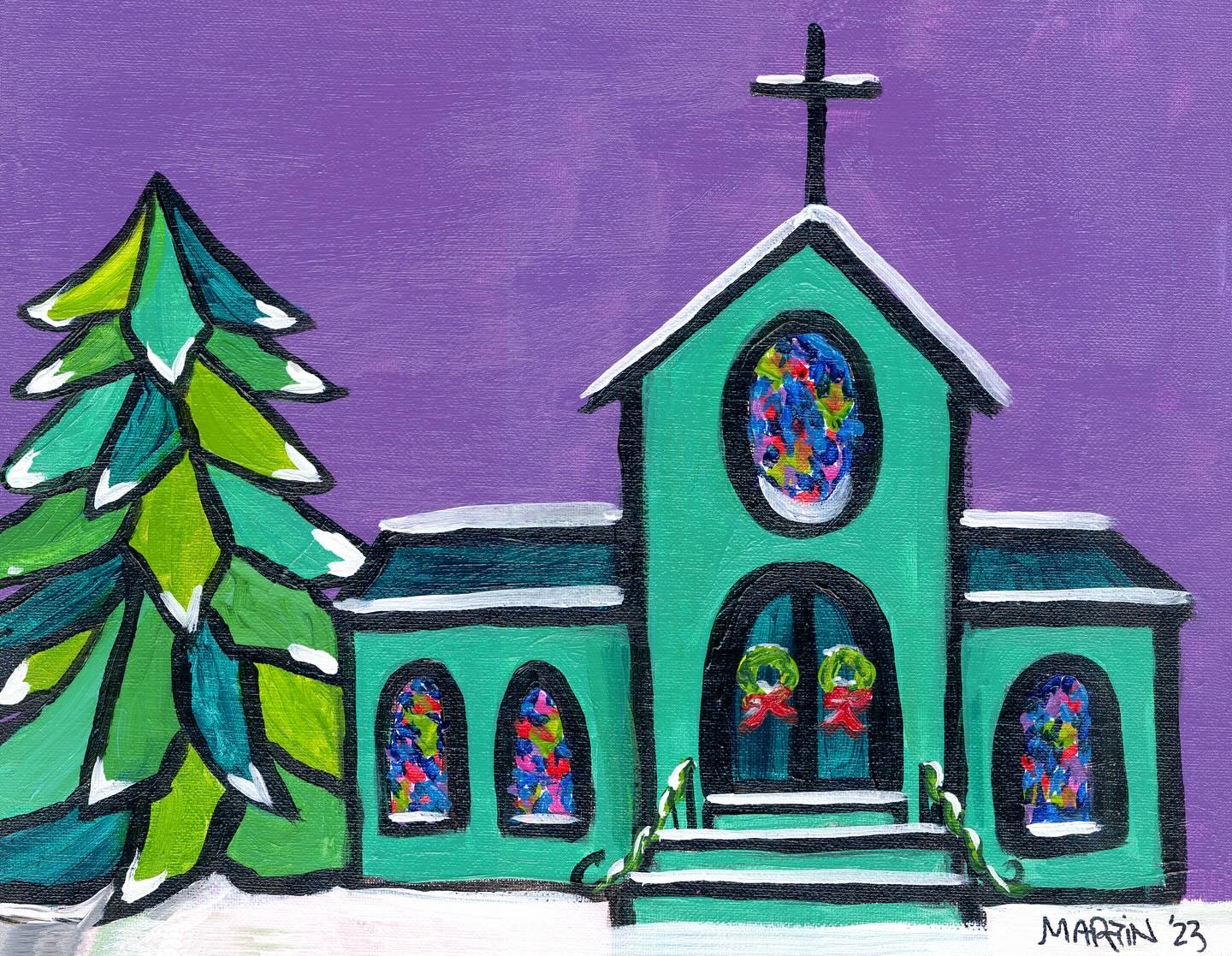 Snowy Church with Purple Sky - 8x10 Print - FREE SHIPPING IN THE US