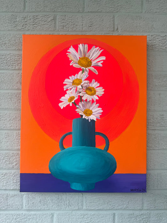 Wild Daisies in Teal Vase - 16x20” original acrylic painting on gallery canvas - Free shipping in the U.S.!