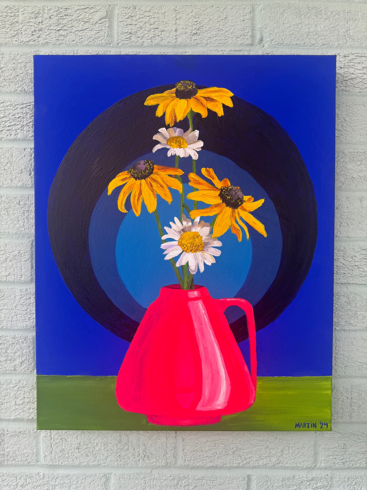 Black Eyed Susans and Daisies in Pink Vase - 16x20” Original Acrylic painting on Gallery Canvas - FREE SHIPPING IN THE US!