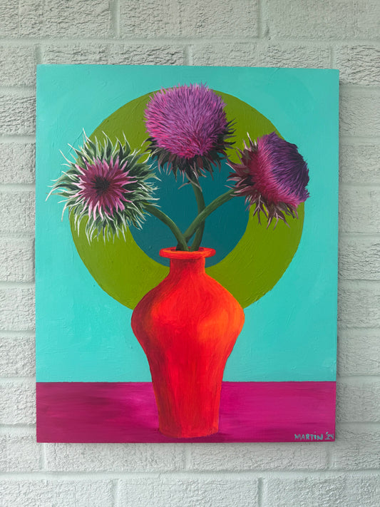 Three Thistles in Orange Vase - 16x20” Original Acrylic Painting on Gesso Board - FREE SHIPPING in the U.S.!