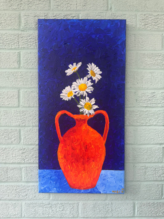 Wild Daisies in Orange Vase - 12x24” Original Acrylic Painting on Canvas- FREE SHIPPING IN THE US!