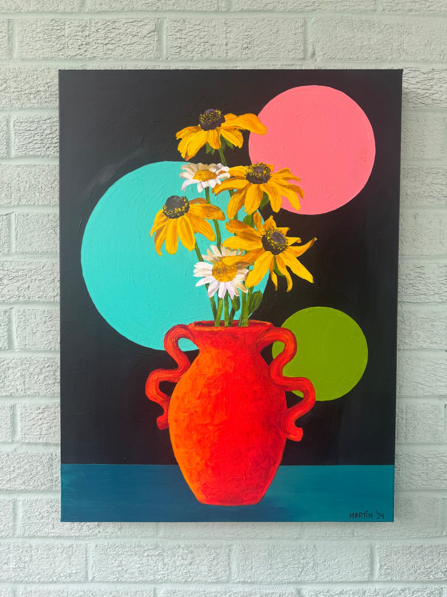 Black Eyed Susans and Wild Daisies in Orange Vase - 18x24” Original Acrylic on Gallery Canvas - FREE SHIPPING in the U.S.!