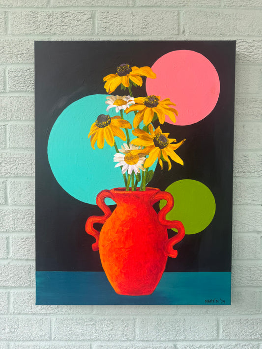 Black Eyed Susans and Wild Daisies in Orange Vase - 18x24” Original Acrylic on Gallery Canvas - FREE SHIPPING in the U.S.!