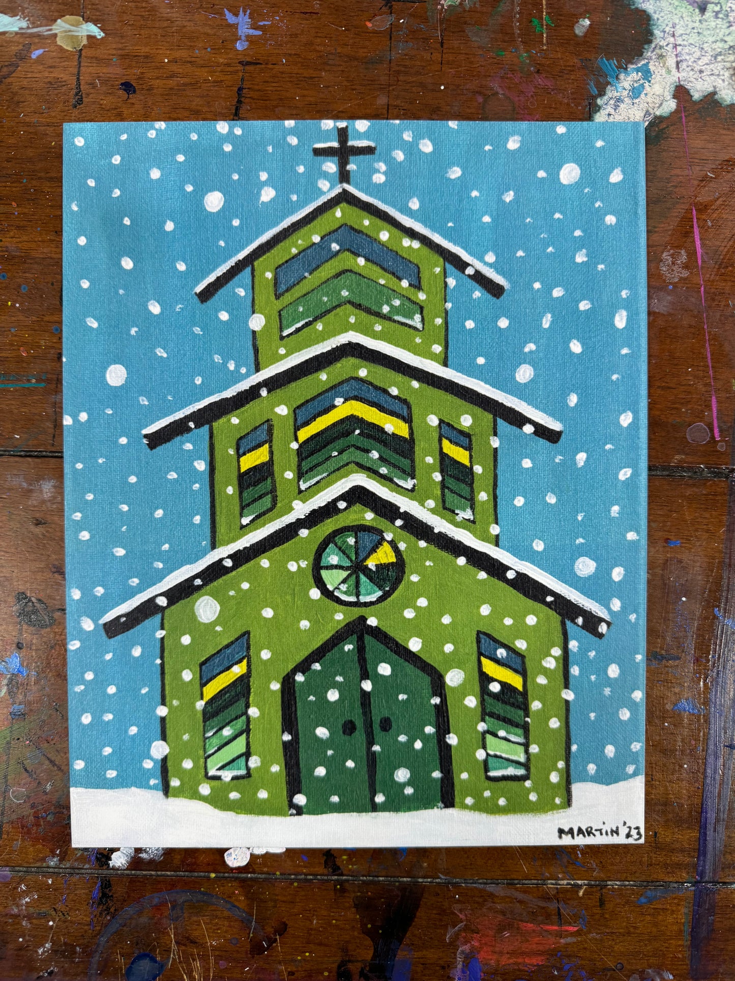 Green Christmas Church print - Free shipping in the U.S.