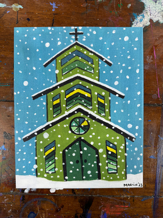 Green Christmas Church print - Free shipping in the U.S.