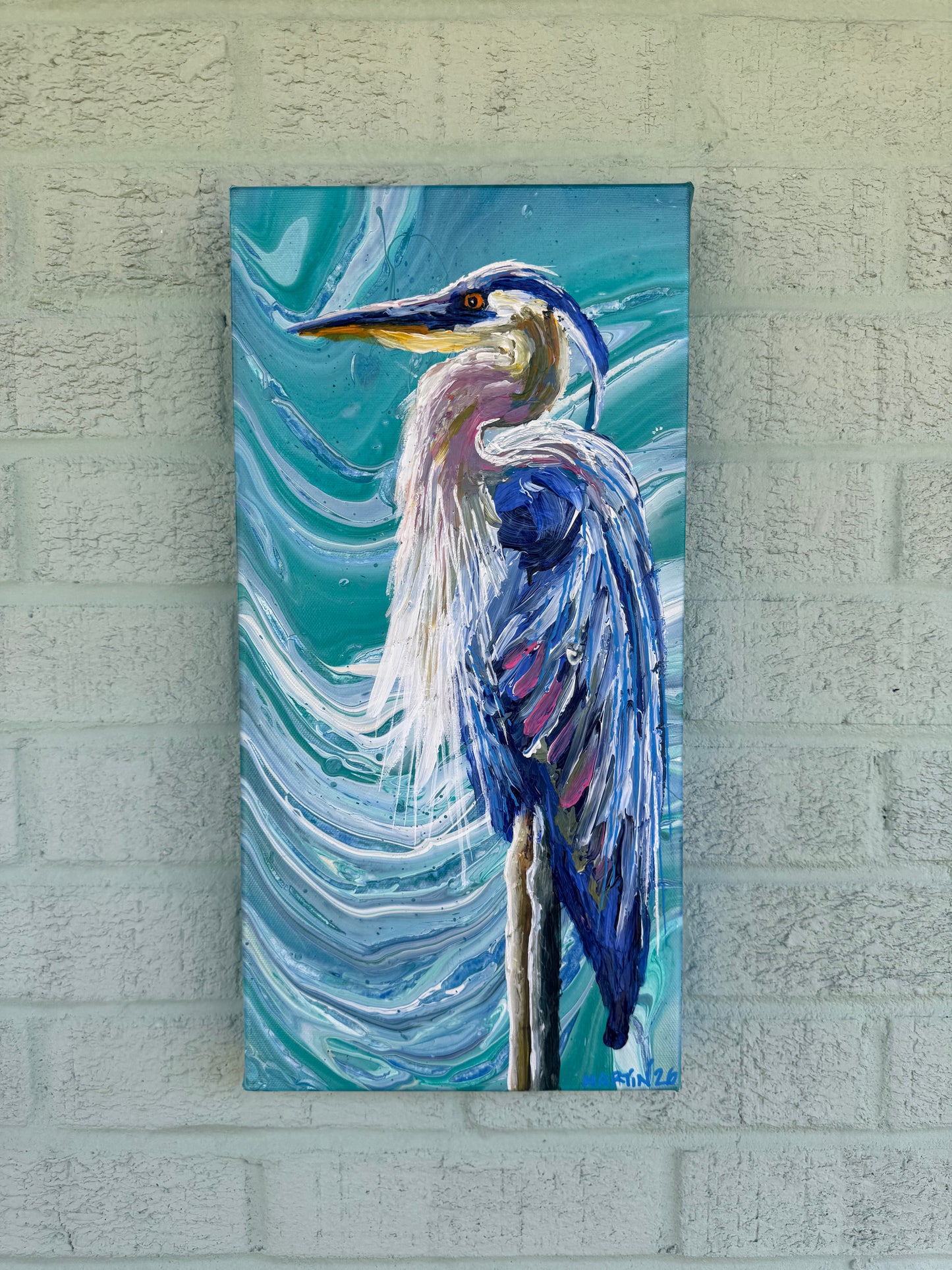 "Blue Heron" original painting - 8x16" - FREE SHIPPING IN THE U.S.