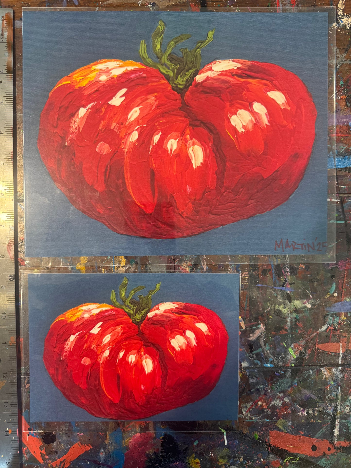 Red Tomato on Teal Background - high quality art print - FREE SHIPPING IN THE U.S.