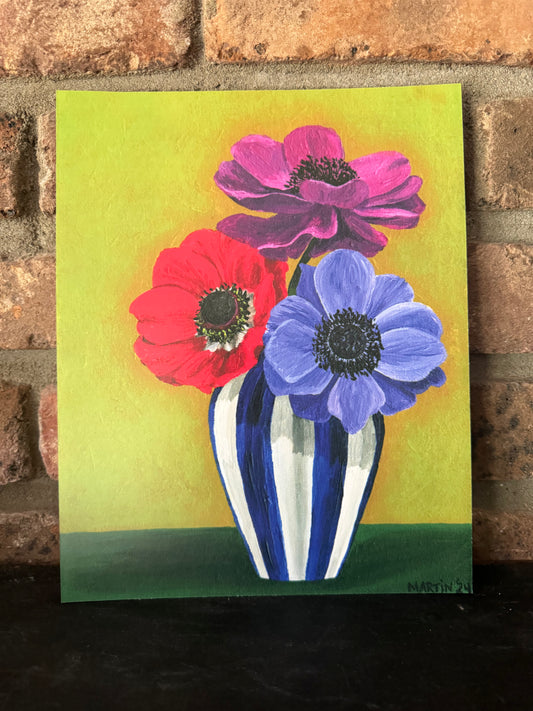 Three Anemones in Blue and White Striped Vase