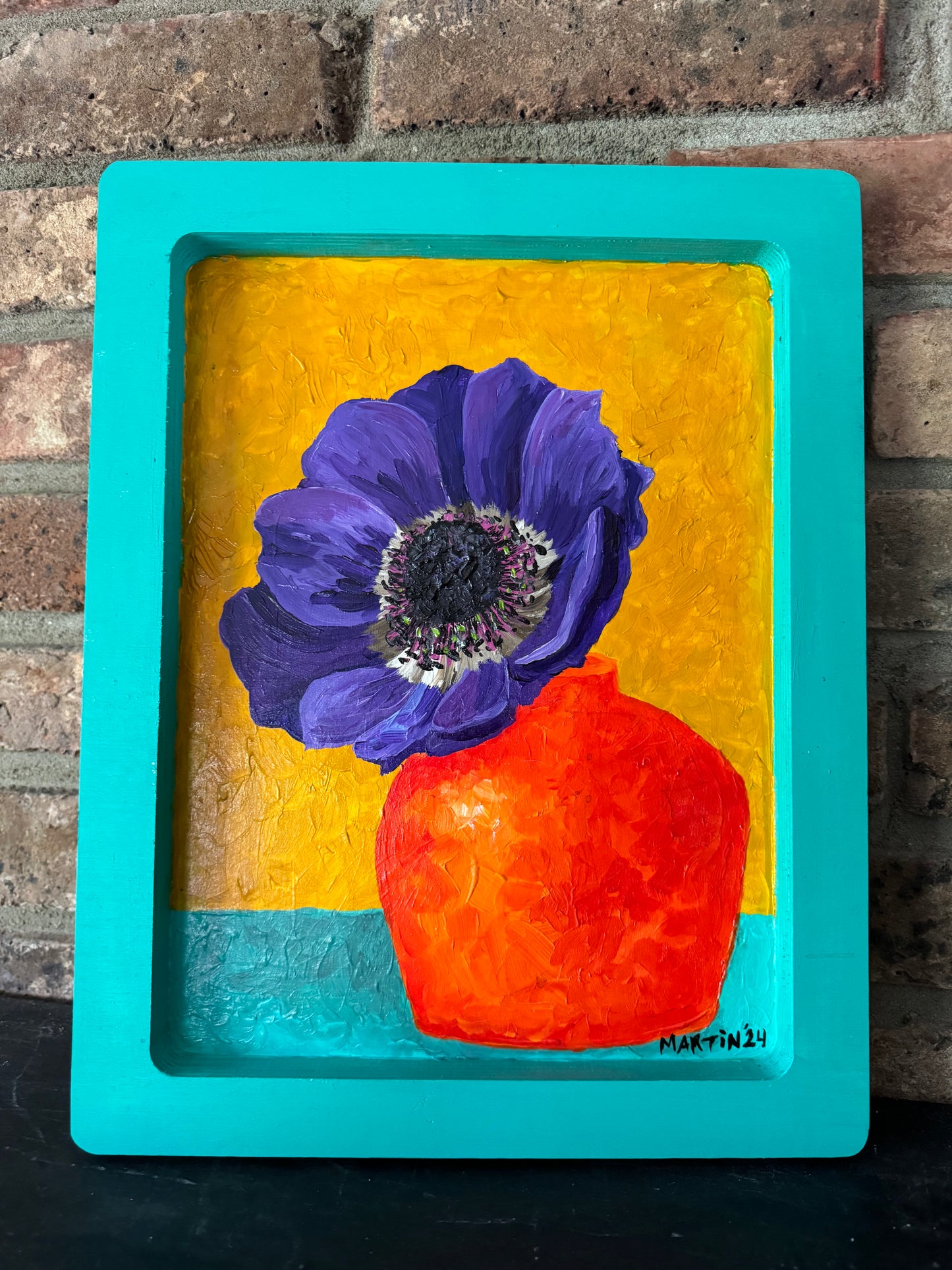 Purple Anemone in Orange Vase - ORIGINAL PAINTING - Acrylic on Framed Wood Panel - FREE SHIPPING IN THE US