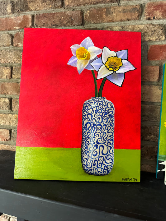 Two White Daffodils in Blue Swirly Vase - ORIGINAL PAINTING - Oil on Gesso Board - 16x20" - Free shipping in the US