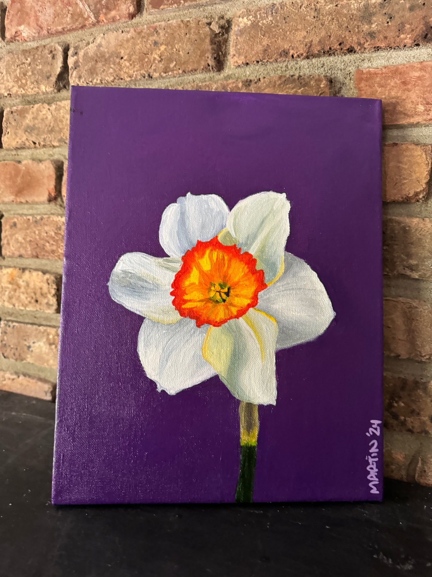 WHITE DAFFODIL with  PURPLE BACKGROUND - 11x14" original art - ACRYLIC ON CANVAS - FREE SHIPPING IN THE US