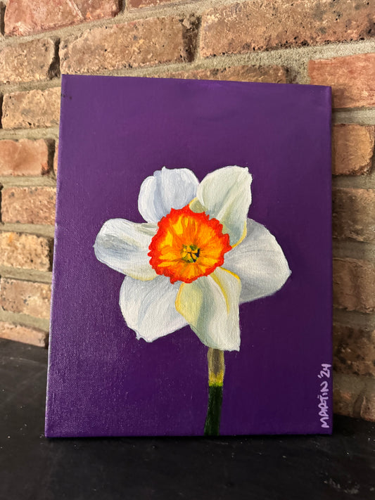 WHITE DAFFODIL with PURPLE BACKGROUND - 11x14" original art - ACRYLIC ON CANVAS - FREE SHIPPING IN THE US