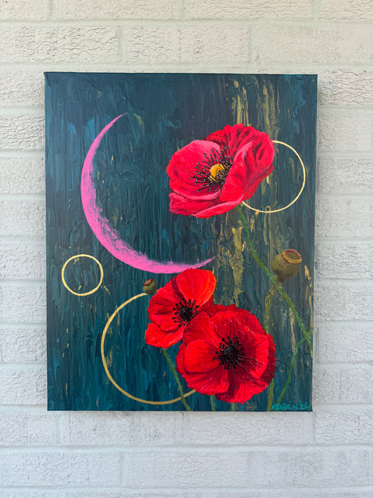 "Red Poppies with Pink Moon" - Original Painting - Acrylic on 16x20" Gallery Canvas - FREE SHIPPING IN THE U.S.