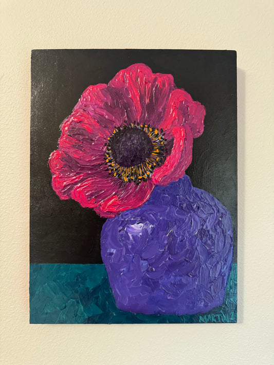 PINK ANEMONE ON BLACK BACKGROUND - 9x12" original painting - acrylic on wood - FREE SHIPPING IN THE US