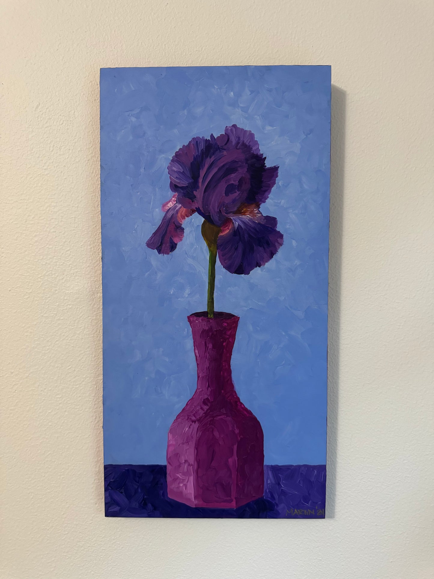Purple Iris in Purple Vase - 8x16" Original Painting - Acrylic on Wood - FREE SHIPPING IN THE US