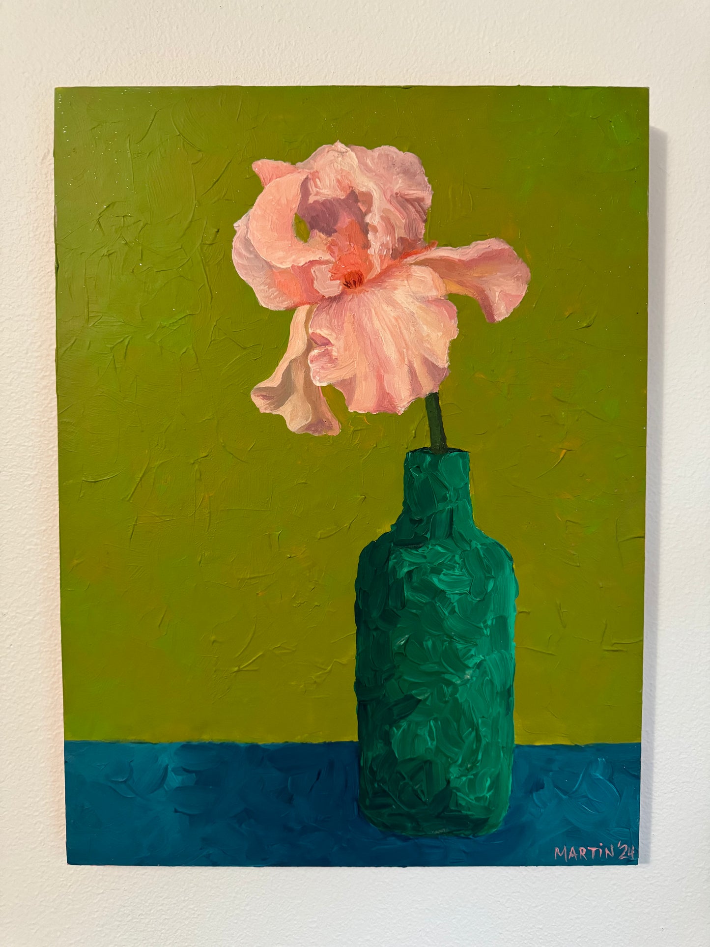 Peach Iris in Green Vase - Acrylic on Gesso Board - Original Art - 11x14" - FREE SHIPPING IN THE US