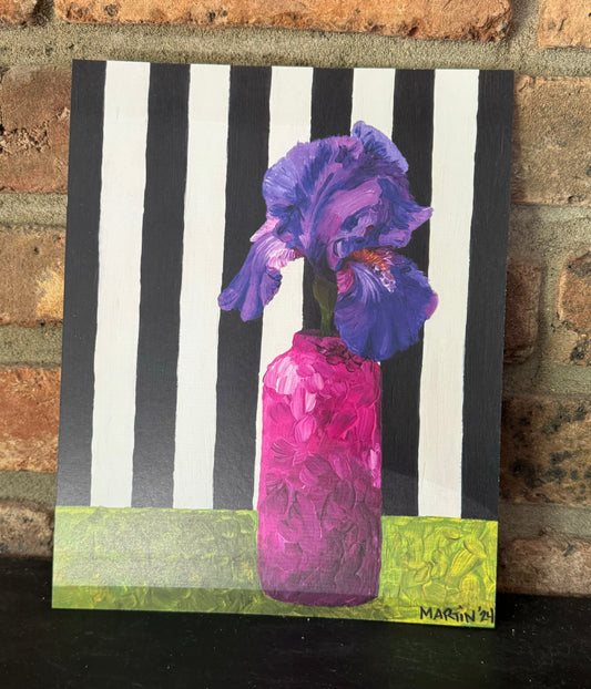 Purple Iris on Black and White Striped Background Print - FREE SHIPPING IN THE US