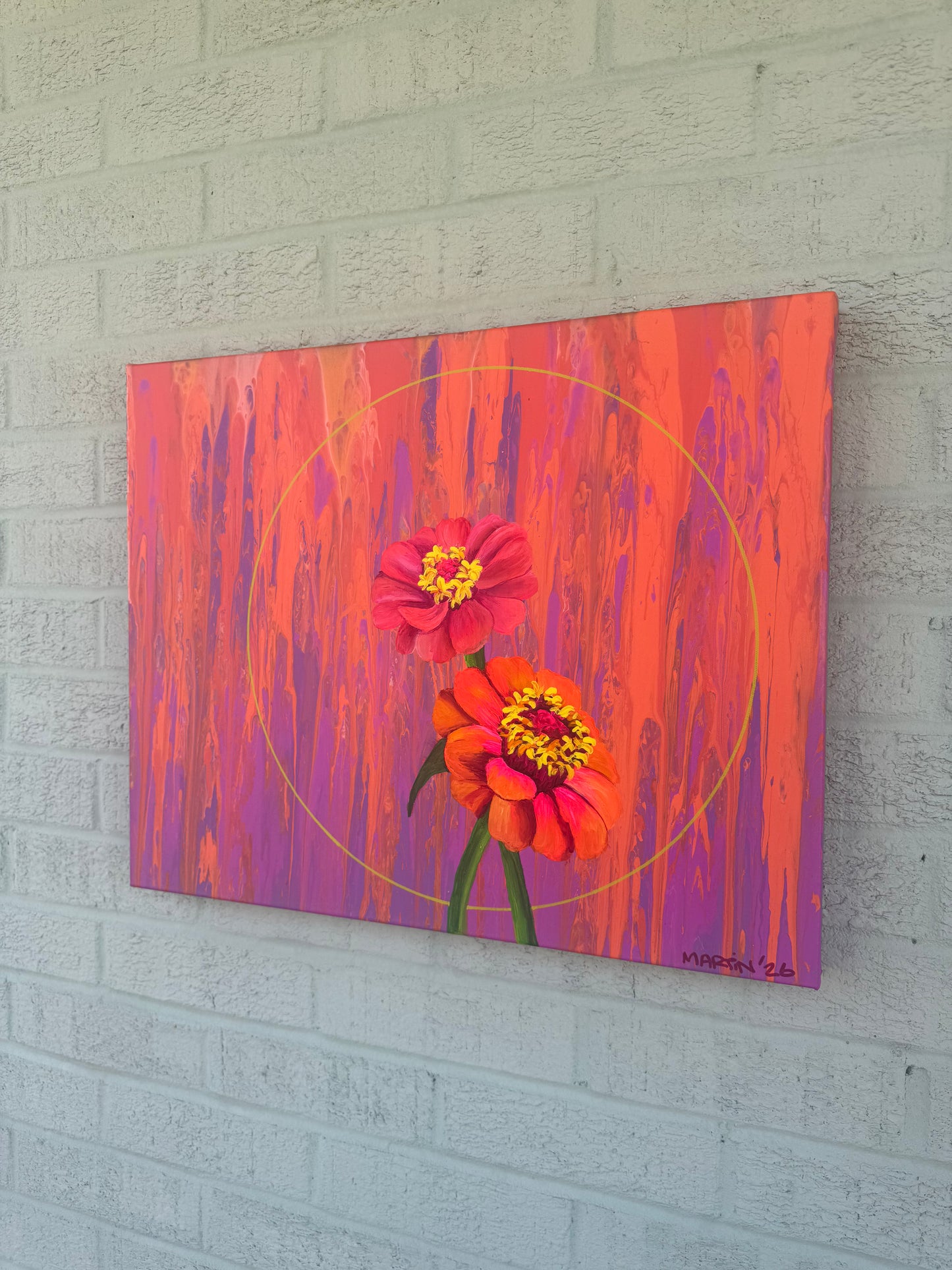 "Neon Zinnias" Original Painting - Acrylic on 16x20" Gallery Canvas - FREE SHIPPING IN THE U.S.