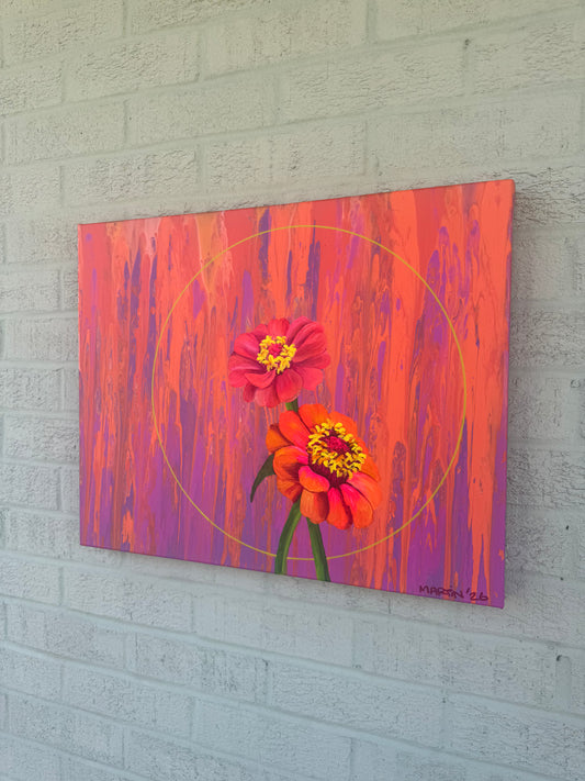 "Neon Zinnias" Original Painting - Acrylic on 16x20" Gallery Canvas - FREE SHIPPING IN THE U.S.