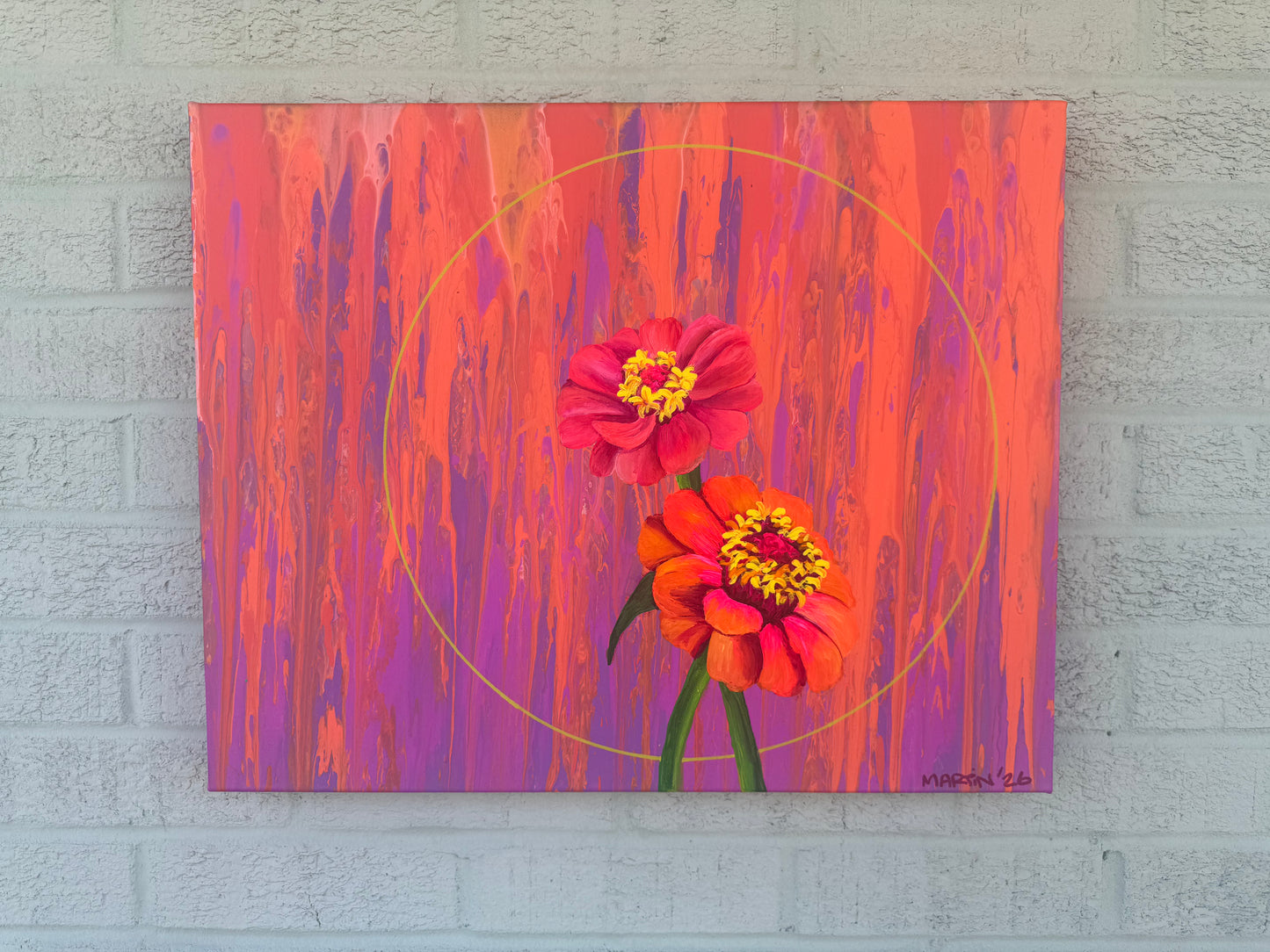 "Neon Zinnias" Original Painting - Acrylic on 16x20" Gallery Canvas - FREE SHIPPING IN THE U.S.
