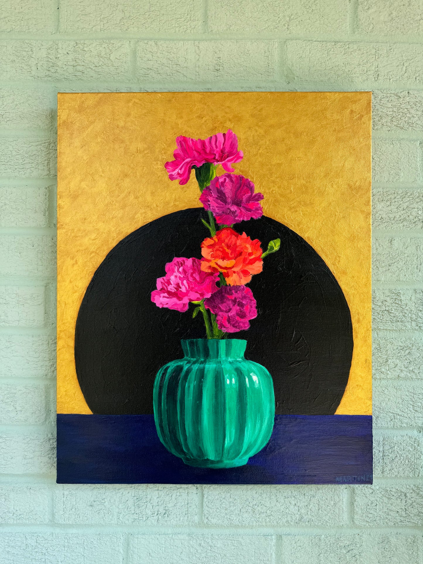 Carnations in Green Vase - Original Acrylic Painting on 16x20" Gallery Canvas - FREE SHIPPING IN THE US!