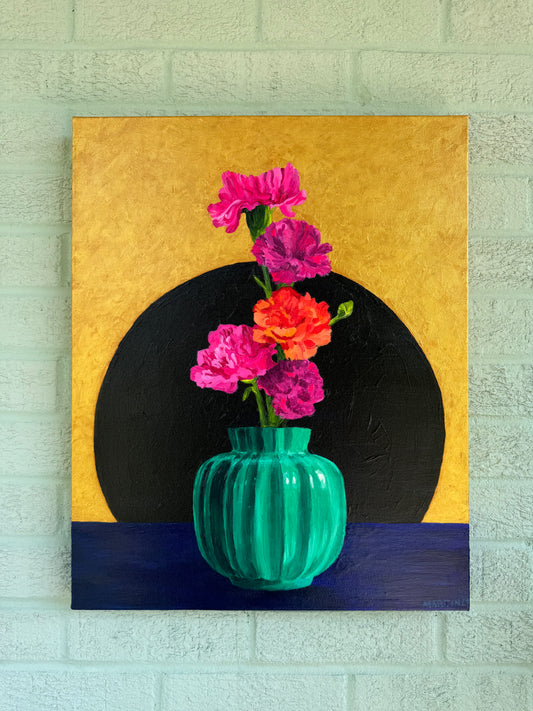 Carnations in Green Vase - Original Acrylic Painting on 16x20" Gallery Canvas - FREE SHIPPING IN THE US!