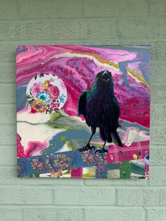 "Pink Crow" Mixed Media Original Painting on 16x16”Gallery Canvas