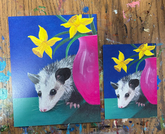 Opossum with Daffodils Print - FREE SHIPPING IN THE U.S.