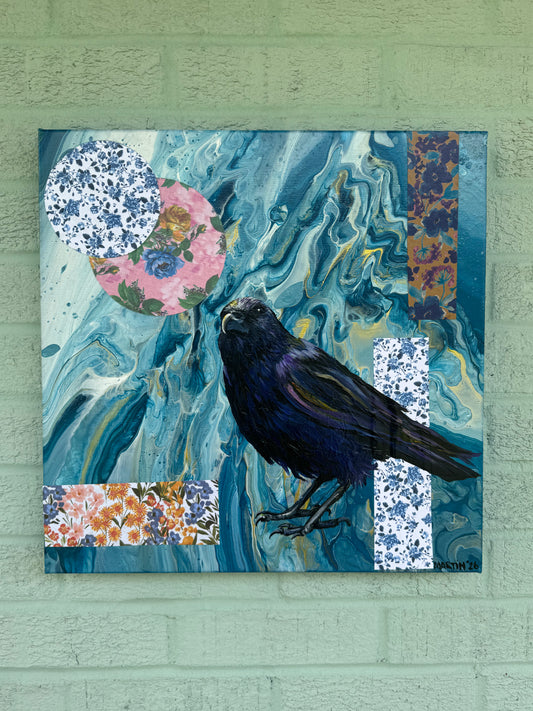 "Blue Crow" Original 16x16" mixed media painting on gallery canvas. FREE SHIPPING IN THE U.S.