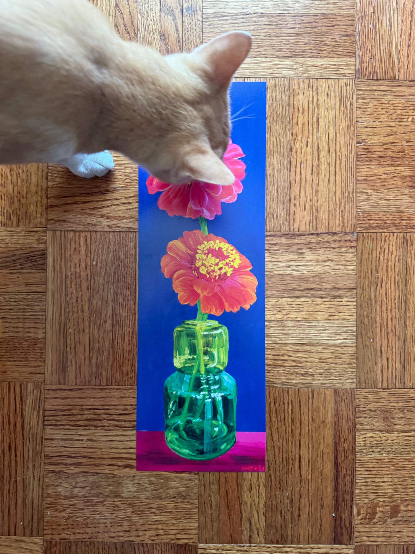 Two Zinnias in Green Vase - 15x5" Print. FREE SHIPPING IN THE US!