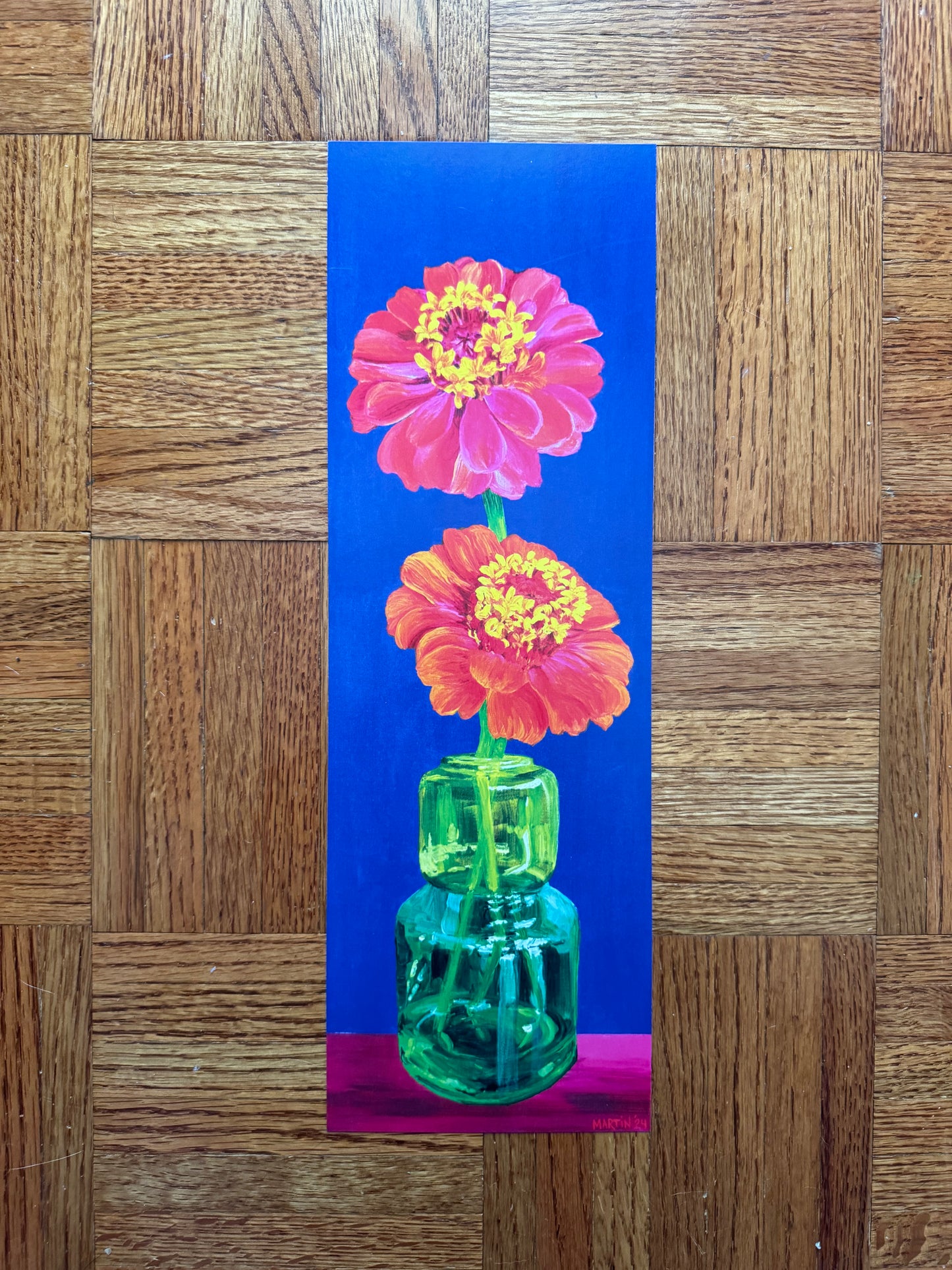 Two Zinnias in Green Vase - 15x5" Print. FREE SHIPPING IN THE US!